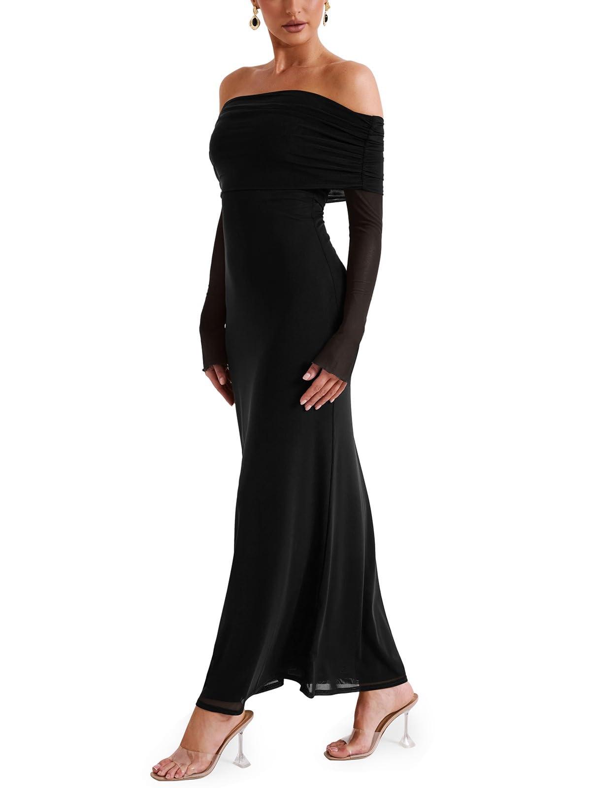 REORIA Women Off Shoulder Long Sleeve Dress Elegant Sexy Stretch Mesh Double Lined Slim Trendy Long Dresses - Image 2