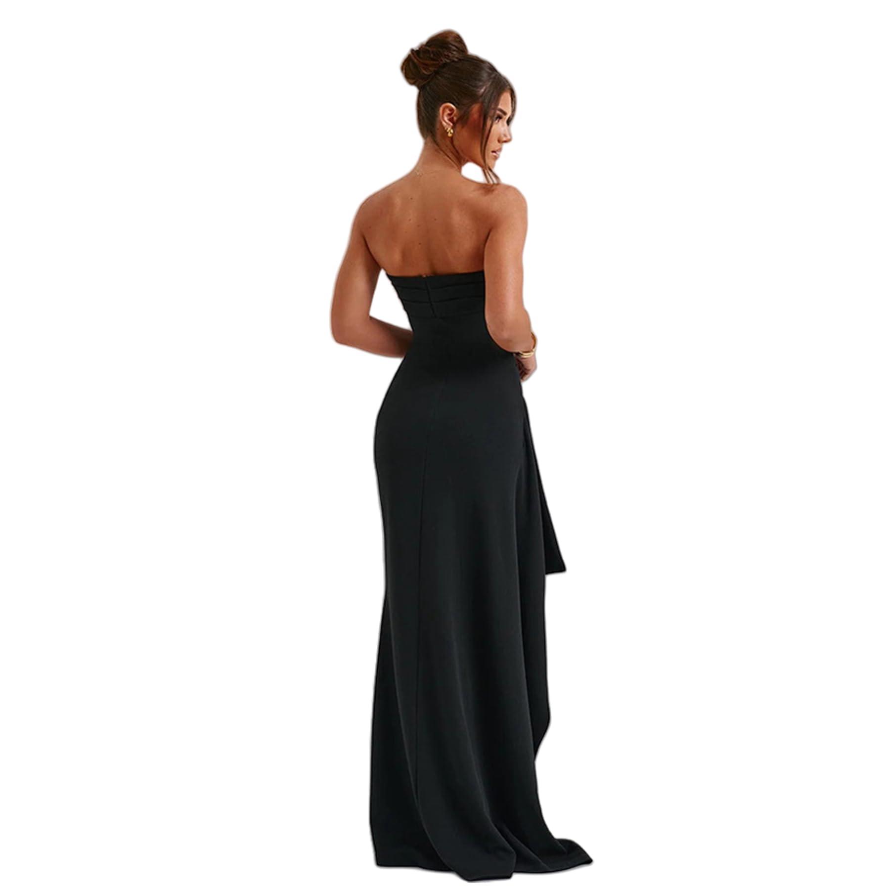 Women's Sexy Strapless Backless High Split Long Maxi Dress Ruched Off Shoulder Sleeveless Bodycon Party Cocktail Dresses - Image 4