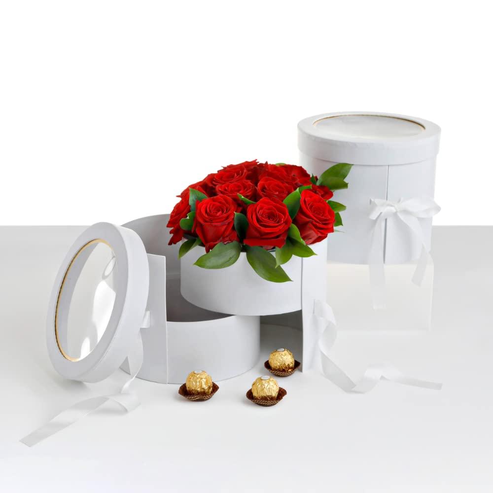 UNIKPACKAGING Premium Quality Round Flower/Gift Box 2 TIER w Lid, Size 7.8 dia x 7 inch for Luxury Arrangements (White)