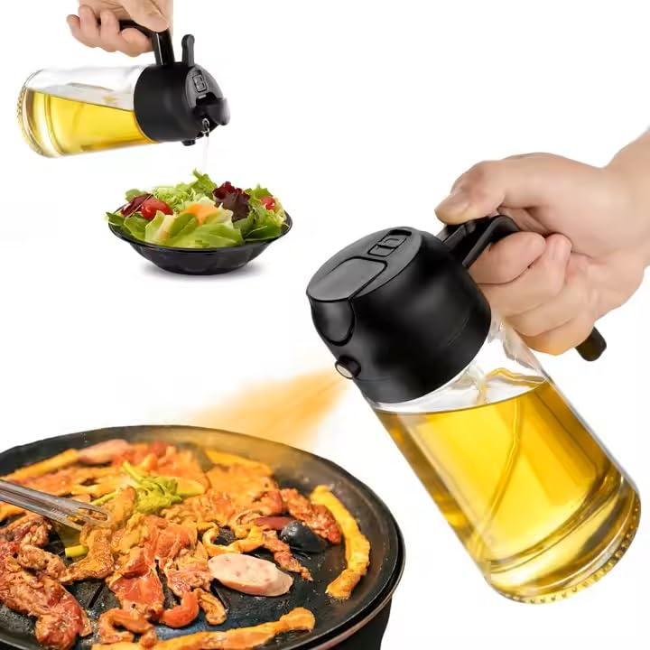 KASHLAND Oil Sprayer for Cooking 2 in 1, 470ml/16oz, Oil Spray & Dispenser Glass Bottle, Food-grade material for Kitchen, Salad Dressing, Frying, Air Fryer & BBQ (Black)