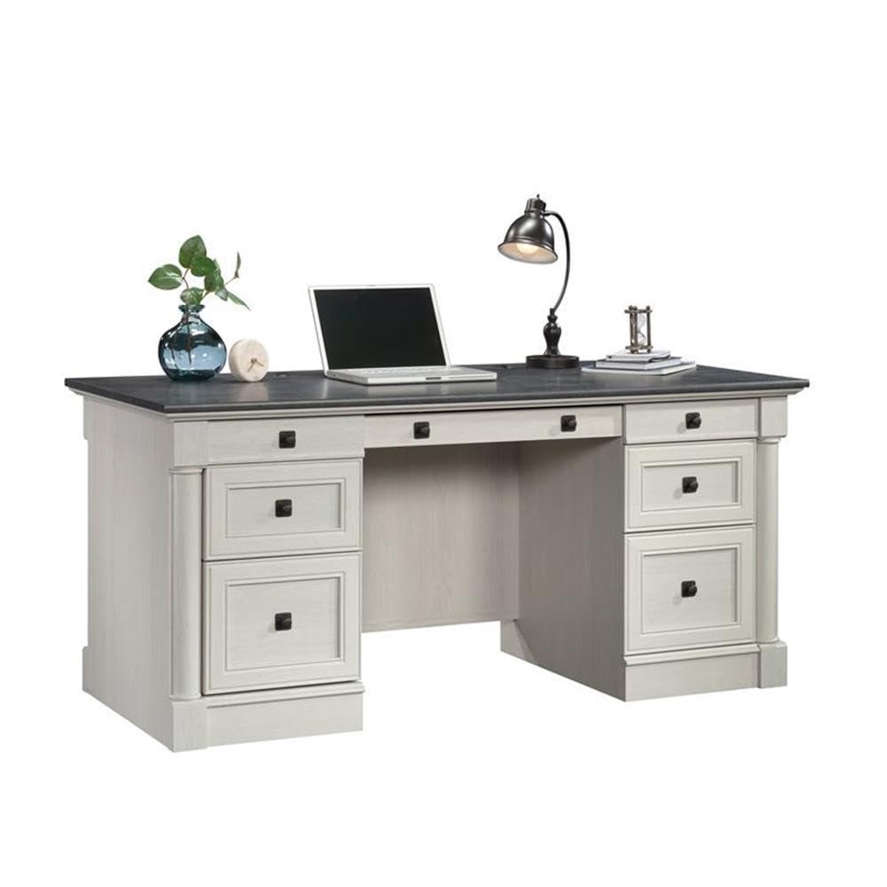 Sauder Palladia Office Desk with Drawers, Executive Desk with File Cabinet Storage, Cable Management, Keyboard Tray, in Glacier Oak Finish - Image 4