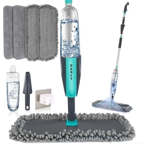 Microfiber Spray Mop for Floor Cleaning Wet Dry, Home Kitchen Hardwood Floor 360° Spin Flat Dust Mops with 12 FL.OZ. Refillable Bottle Include 4 Microfiber Reusable Pads 1 Scrubber and 1 Mop Holder