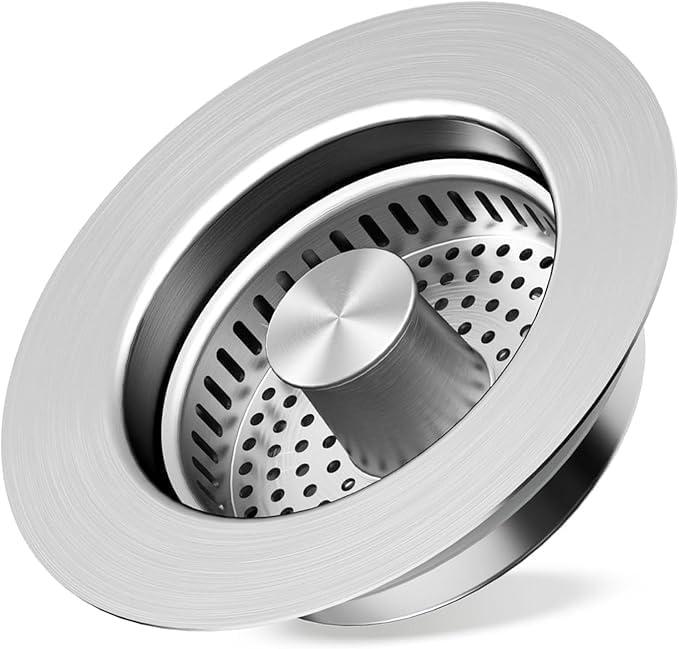 3 in1 Kitchen Sink Drain Strainer, 10,000 Press Test 304 Stainless Steel & Brass Material Pop-up Sink Stopper with Metal Basket Strainer Fast Drain Strainer for US Standard 3-1/2 in Kitchen Drain