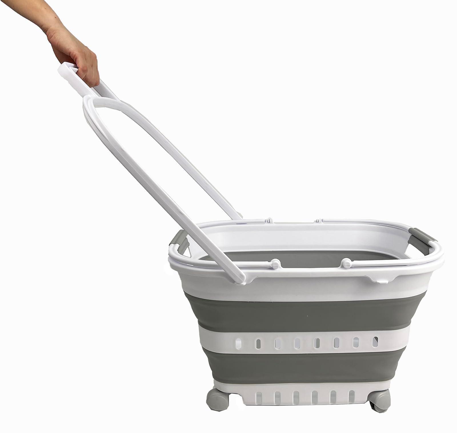 SAMMART 35L (9.24 Gallons) Collapsible Plastic Laundry Basket with Handle and Wheels - Foldable Pop Up Storage Container/Organizer with handle and wheels - Space Saving (1, White/Grey)