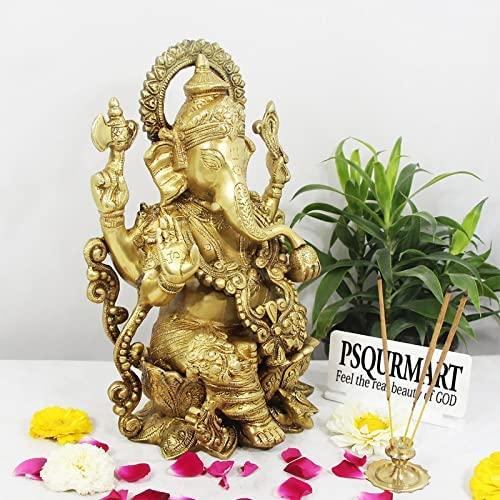 Lord Ganesha Brass Statue Sitting On Lotus mangalkari Ganesh, Decor India Mangalkari Ganesha Statue On Ganesha Height - 12 in , Gold - Image 4