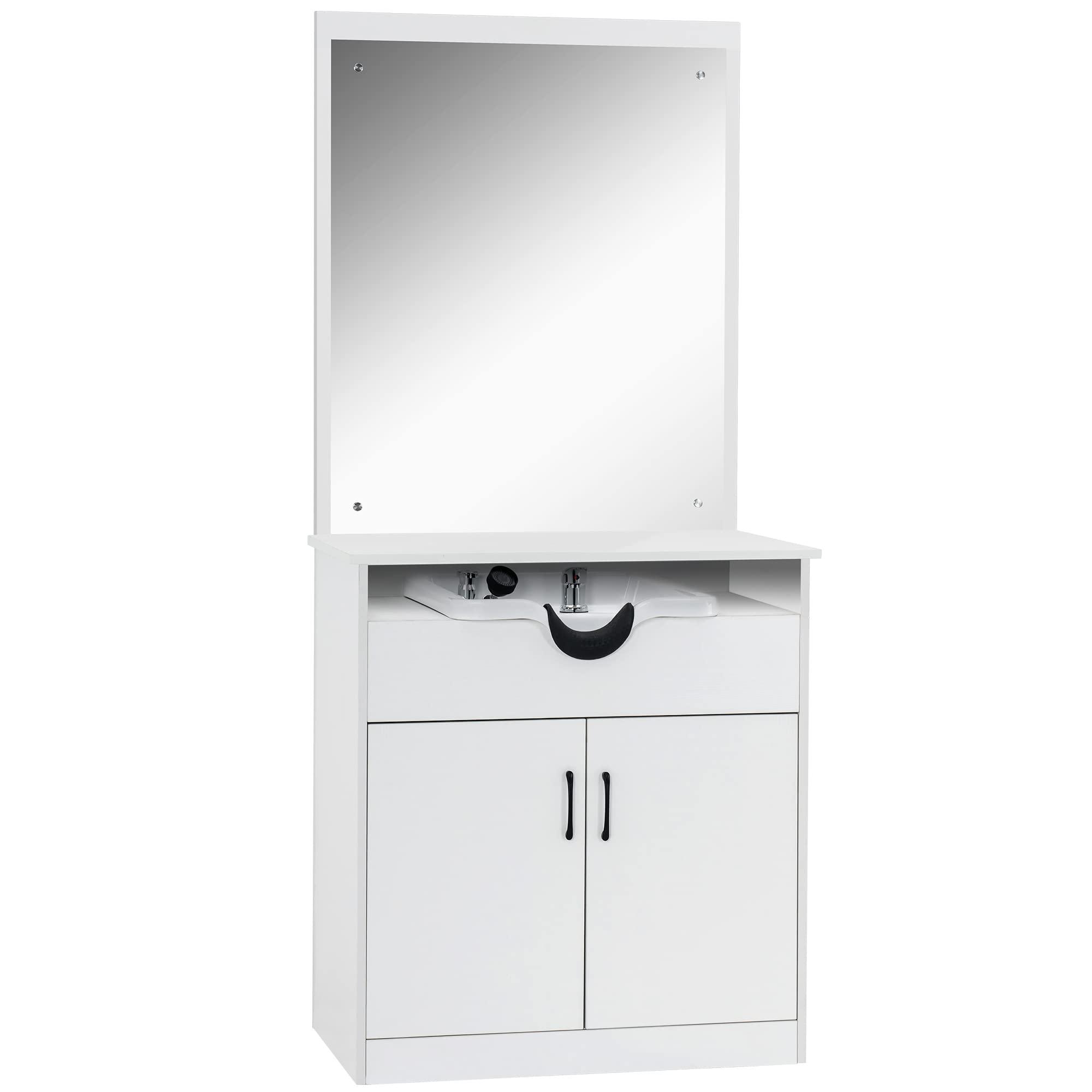BarberPub Backwash Shampoo Bowl Sink Chair Station with Mirror Salon Styling Cabinet Spa Equipment 3130 (White)