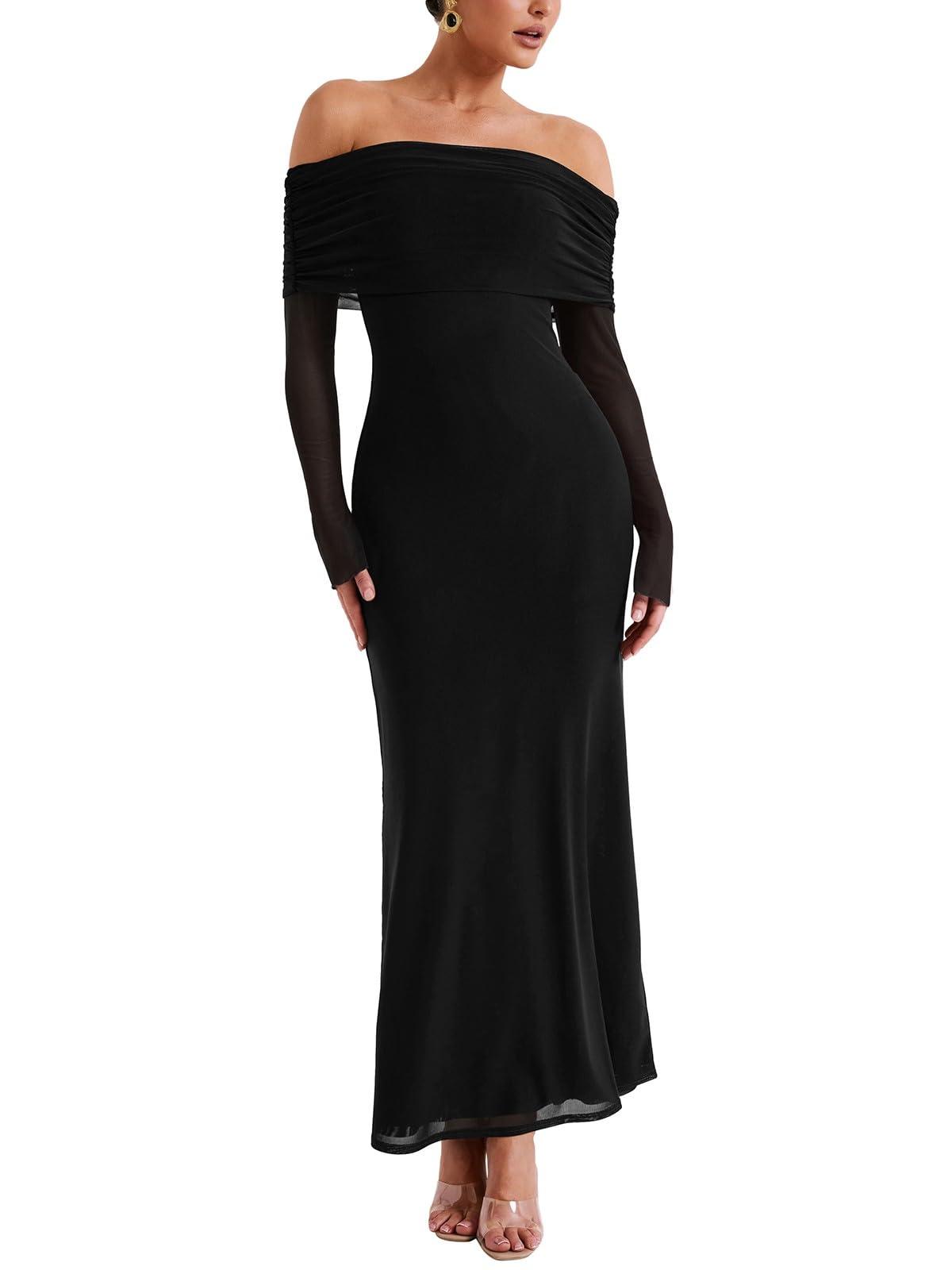 REORIA Women Off Shoulder Long Sleeve Dress Elegant Sexy Stretch Mesh Double Lined Slim Trendy Long Dresses - Image 1