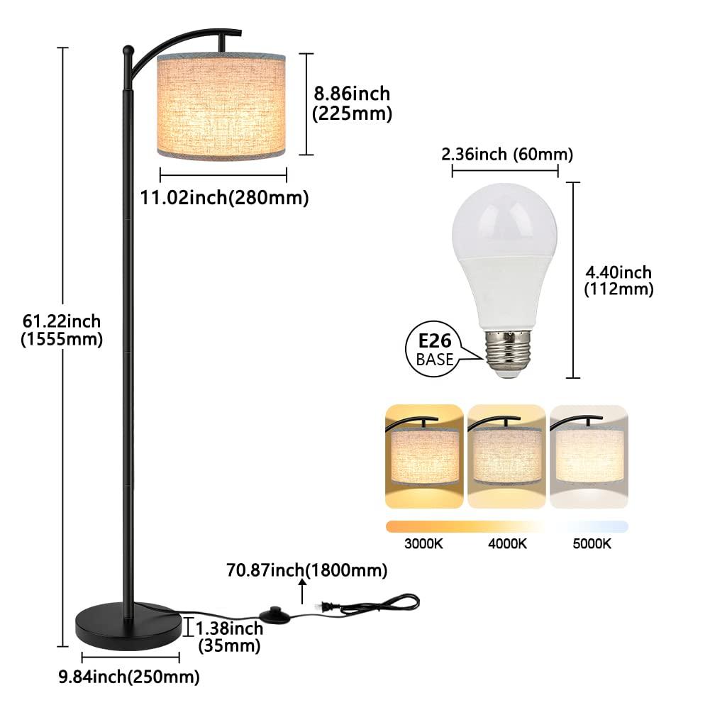 ROTTOGOON Floor Lamp for Living Room with 3 Color Temperatures LED Bulb, Standing Lamp Tall Industrial Floor Lamp Reading for Bedroom, Office (9W LED Bulb, Beige Lampshade Included) -Black - Image 4
