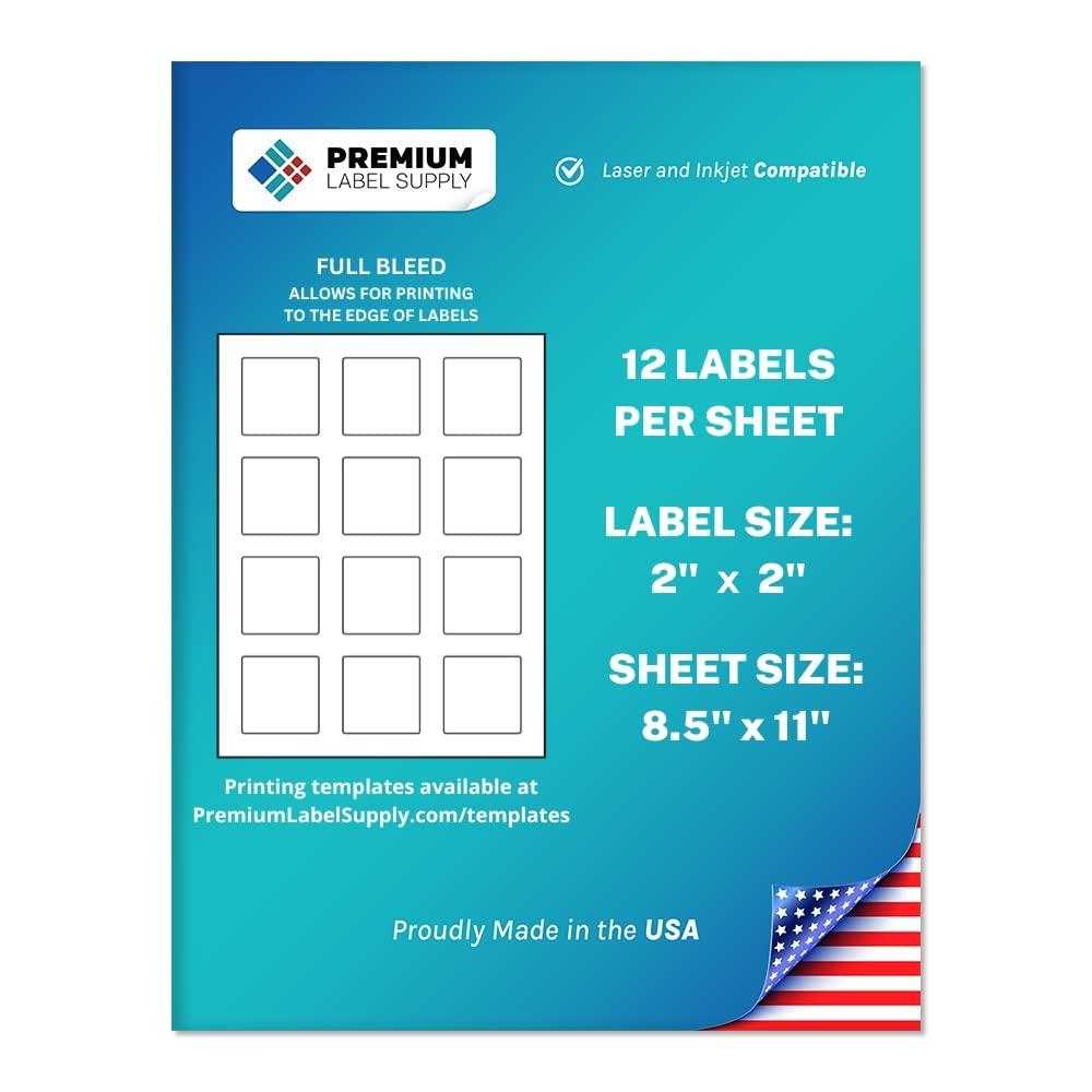 Premium Label Supply White Sticker Square Labels with Bleed – 2" x 2" – Laser/Inkjet Compatible – (12 per Sheet), 25 Sheets – 300 Total Adhesive Labels