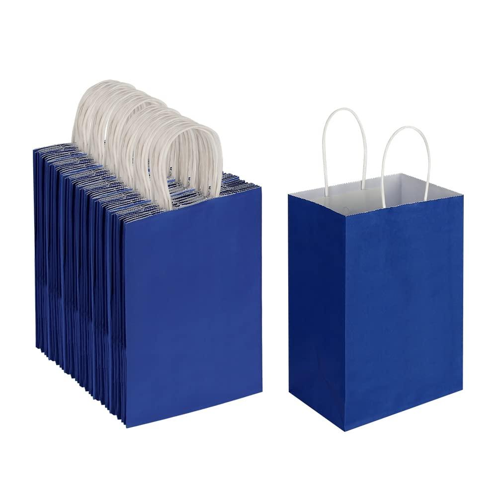 Oikss 100 Pack 5.25x3.25x8.25 Inch Small Royal Blue Kraft Paper Bags with Handles Bulk for Birthday Wedding Party Favors Grocery Retail Shopping Business Goody Craft Gift Bags Sacks (100pcs Count)