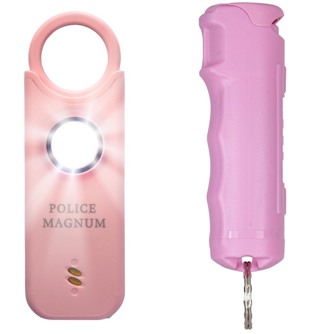 Police Magnum Personal Safety Alarm & Pepper Spray Combo Self Defense Pack for Women- Loud 135db Siren with Light & Max Strength Flip Top Pepper Spray Protection