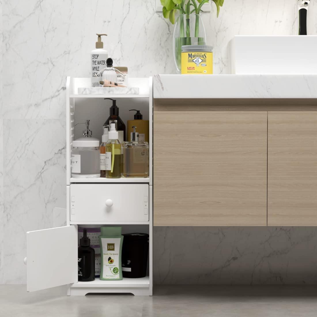 Rerii Bathroom Storage Cabinet, Small Floor Bathroom Organizer Free Standing, Side Toilet Cabinet with Drawer and Door, White - Image 8