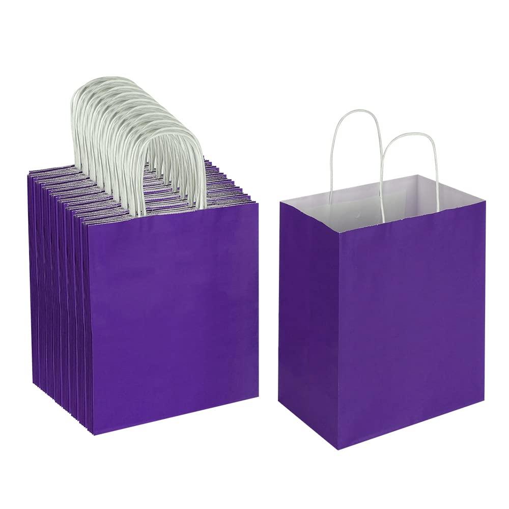 Oikss 100 Pack 8x4.75x10 Inch Medium Purple Kraft Paper Bags with Handles Bulk for Birthday Wedding Party Favors Grocery Retail Shopping Business Takeout Goody Craft Gift Bags Sacks, (100pcs Count)
