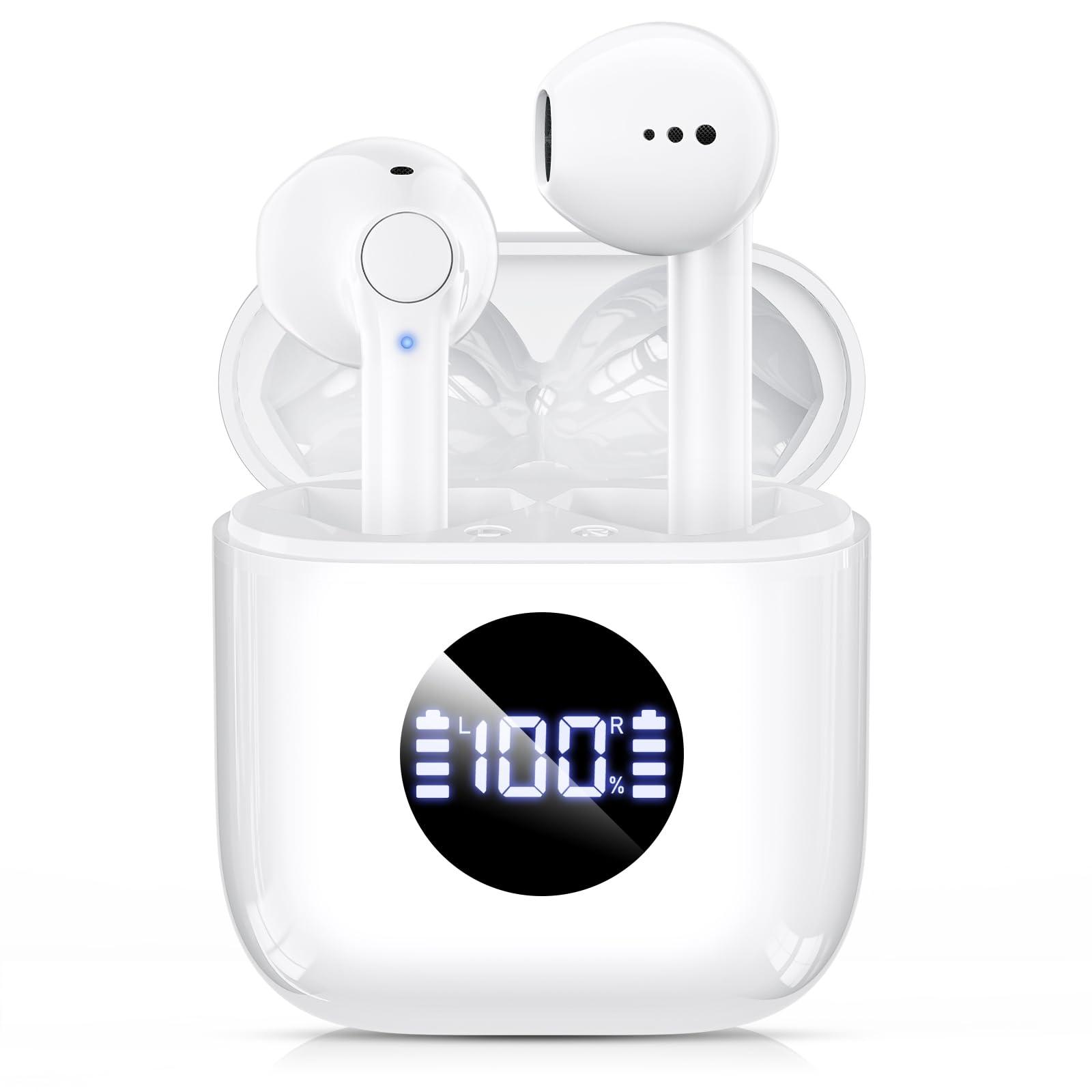 HIYDOO Wireless Earbuds, Bluetooth 5.3 Headphones with Charging Case, Lightweight in-Ear Stereo Earphones with Mic for Android/iOS Cellphone, Waterproof Cordless Earphones for Sports-Ivory White