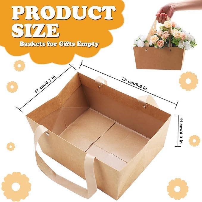 5 Pcs Brown Basket for Gifts Empty DIY Bulk Party Gift Basket Kit with Handles with 5 Bag 5 Bow Market Tray for Gift Packages Wrapping Anniversary Birthday Wedding Party Gift(9.8 x 6.7 x 4.3 In) - Image 2