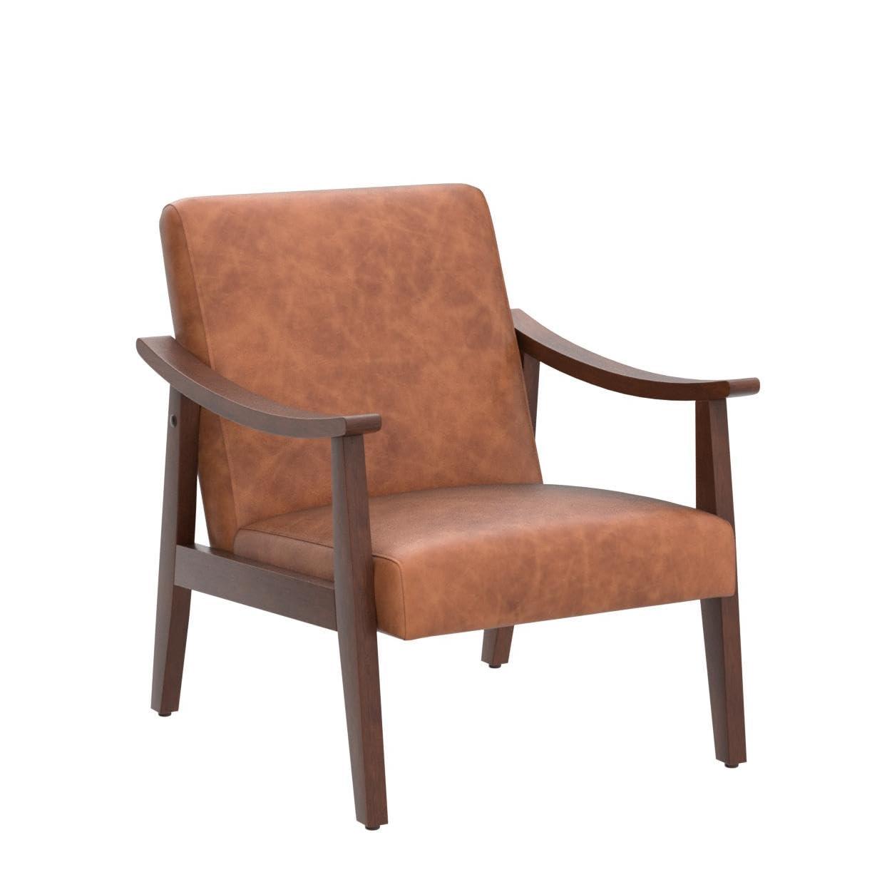 Yaheetech PU Leather Accent Chair, Mid-Century Modern Armchair with Solid Wood Legs, Reading Leisure Chair with High Back for Living Room Bedroom Waiting Room, Set of 2, Brown - Image 5