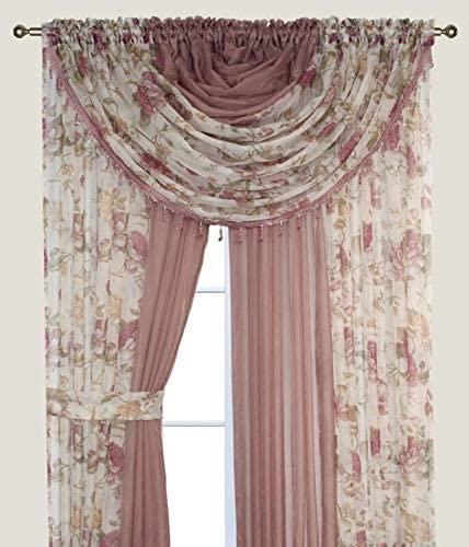 Sapphire Home Sheer Curtains - Two Tone 4 Panels Set w/Valance & Tiebacks, 55"x84", Lightweight Light-Filtering Window Curtain for Living Room, Bedroom, Kitchen, Dining Room - Floral Rose/Brown