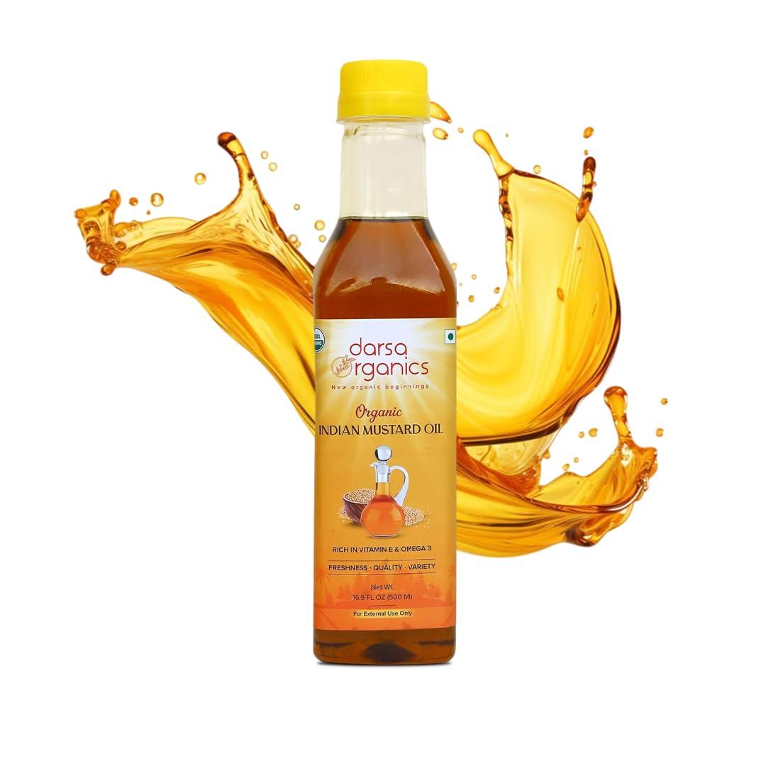 Darsa Organics Cold-Pressed Mustard Oil 16.9 fl oz – USDA Organic, Unrefined & Chemical-Free – Rich in Vitamin E & Omega-3 – Pure Mustard Seed Oil for Hair, Skin & Massage (500ml) - Image 1
