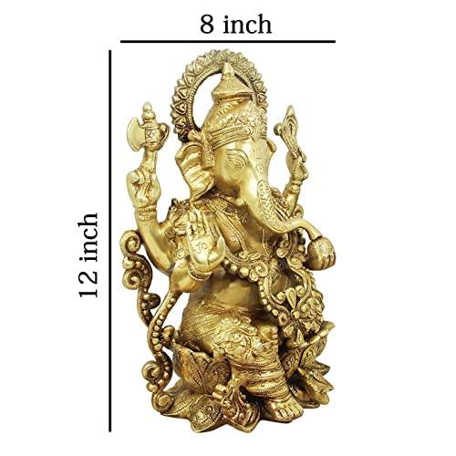 Lord Ganesha Brass Statue Sitting On Lotus mangalkari Ganesh, Decor India Mangalkari Ganesha Statue On Ganesha Height - 12 in , Gold - Image 3