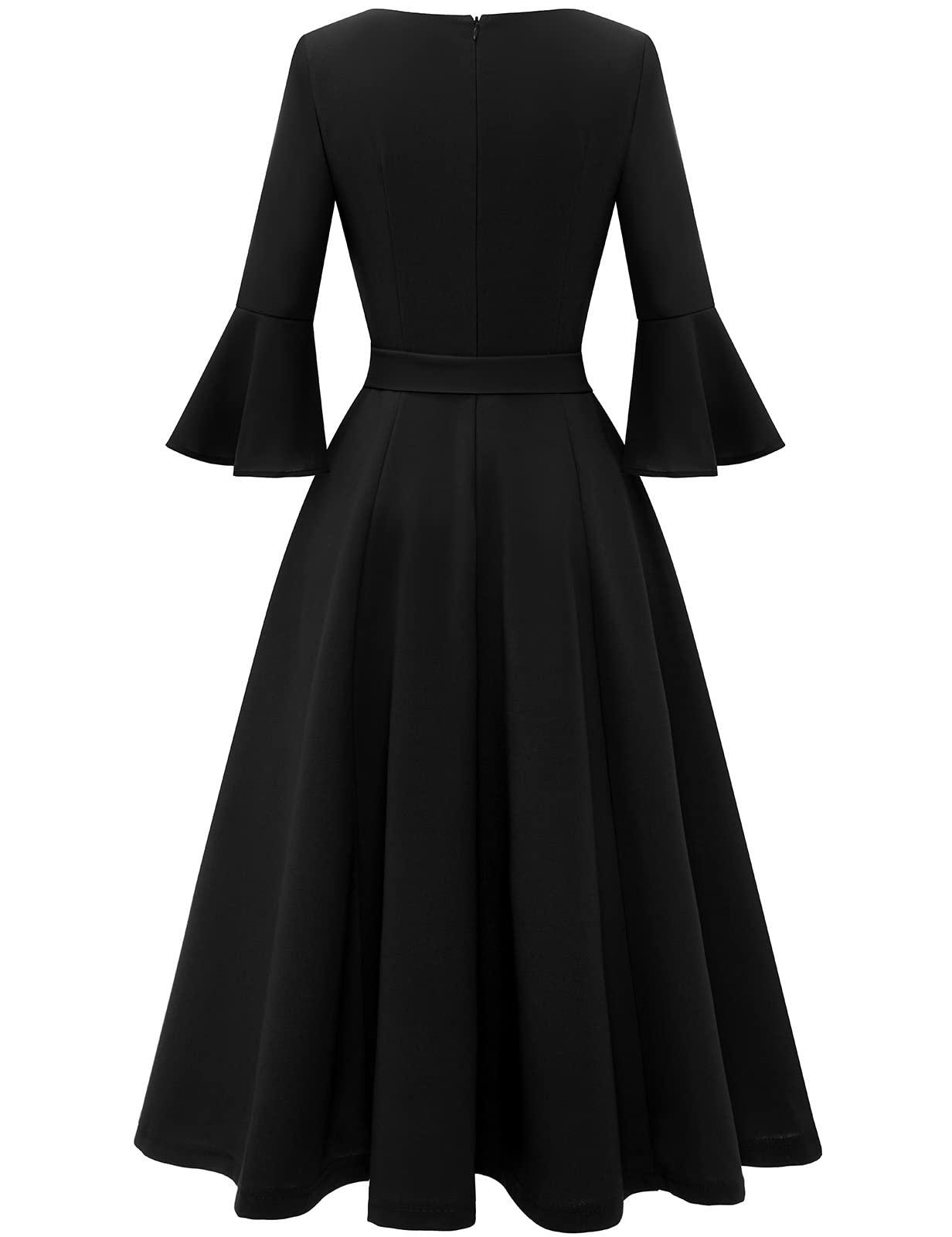 HomRain Women's Church Dresses for 2025 Wedding Guest Cocktail Tea Party Bell Sleeve Vintage Evening Graduation Dress - Image 3