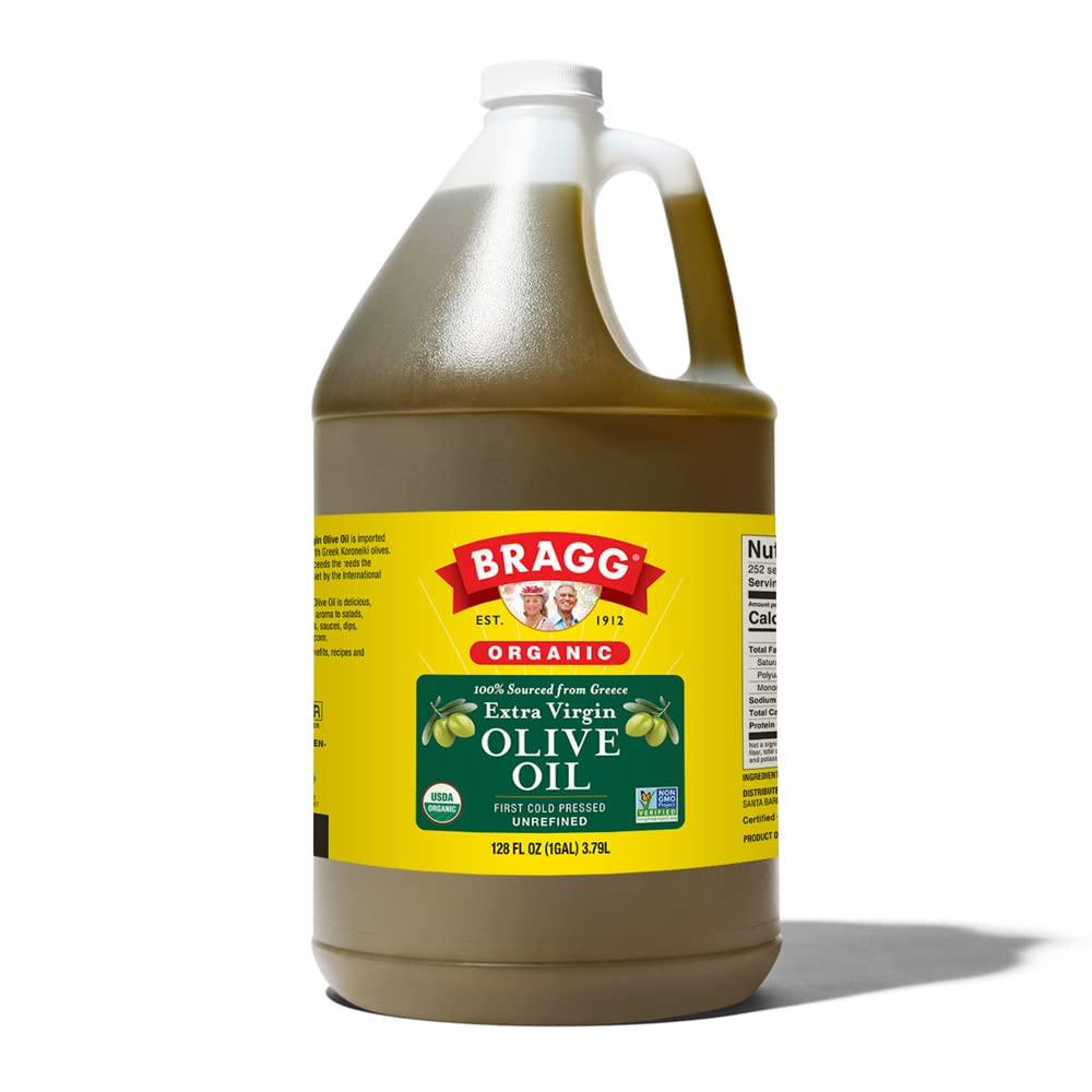 Bragg Organic Extra Virgin Olive Oil – Made with Greek Koroneiki Olives – Cold Pressed EVOO for Marinades & Vinaigrettes – USDA Certified, Non-GMO, Kosher (128 Ounce)