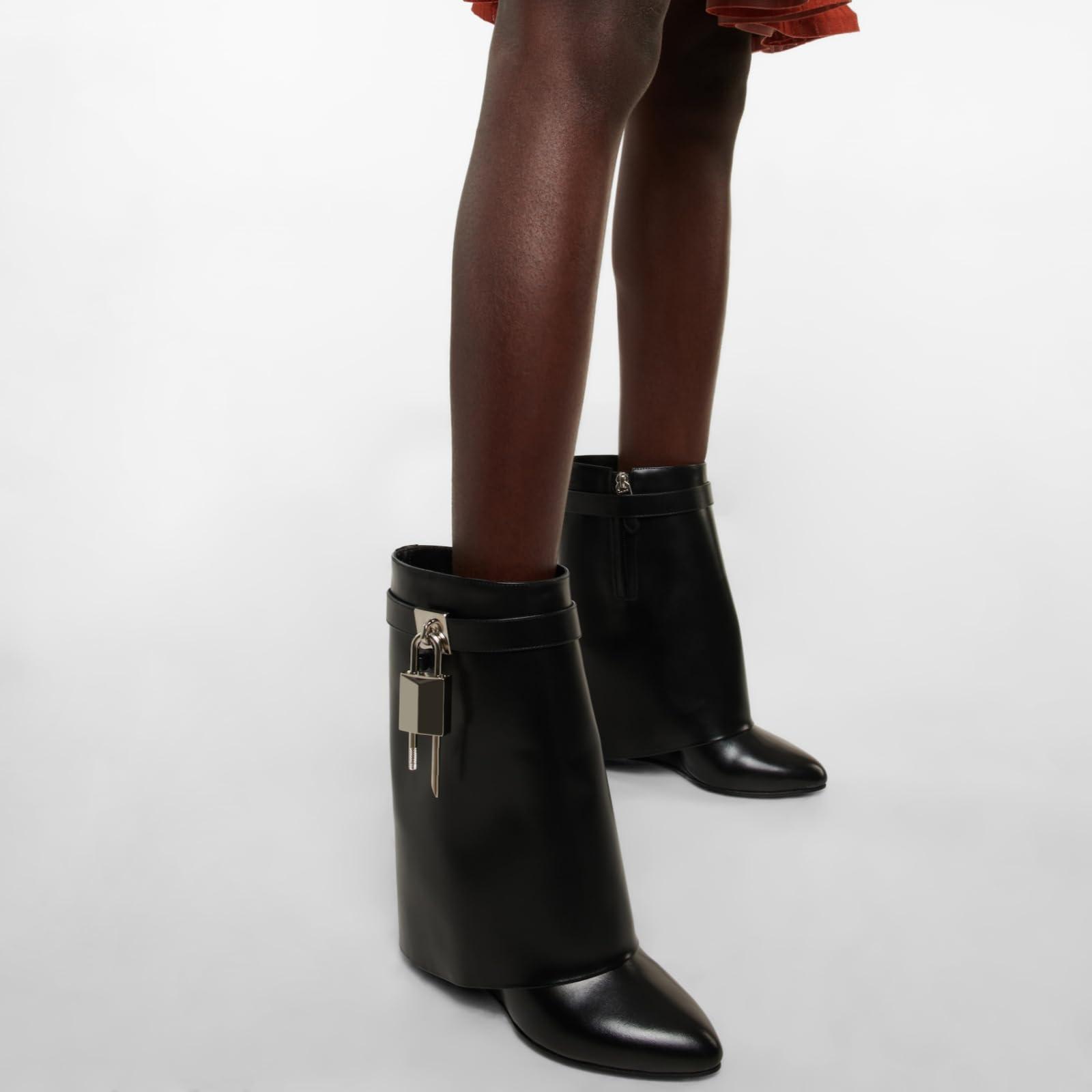CORNMOOD Women Fold Over Wide Mid-calf Boots Platform Wedge Heel Round Toe Faux Leather Pull On Shark Booties with Padlock Short Boots - Image 5