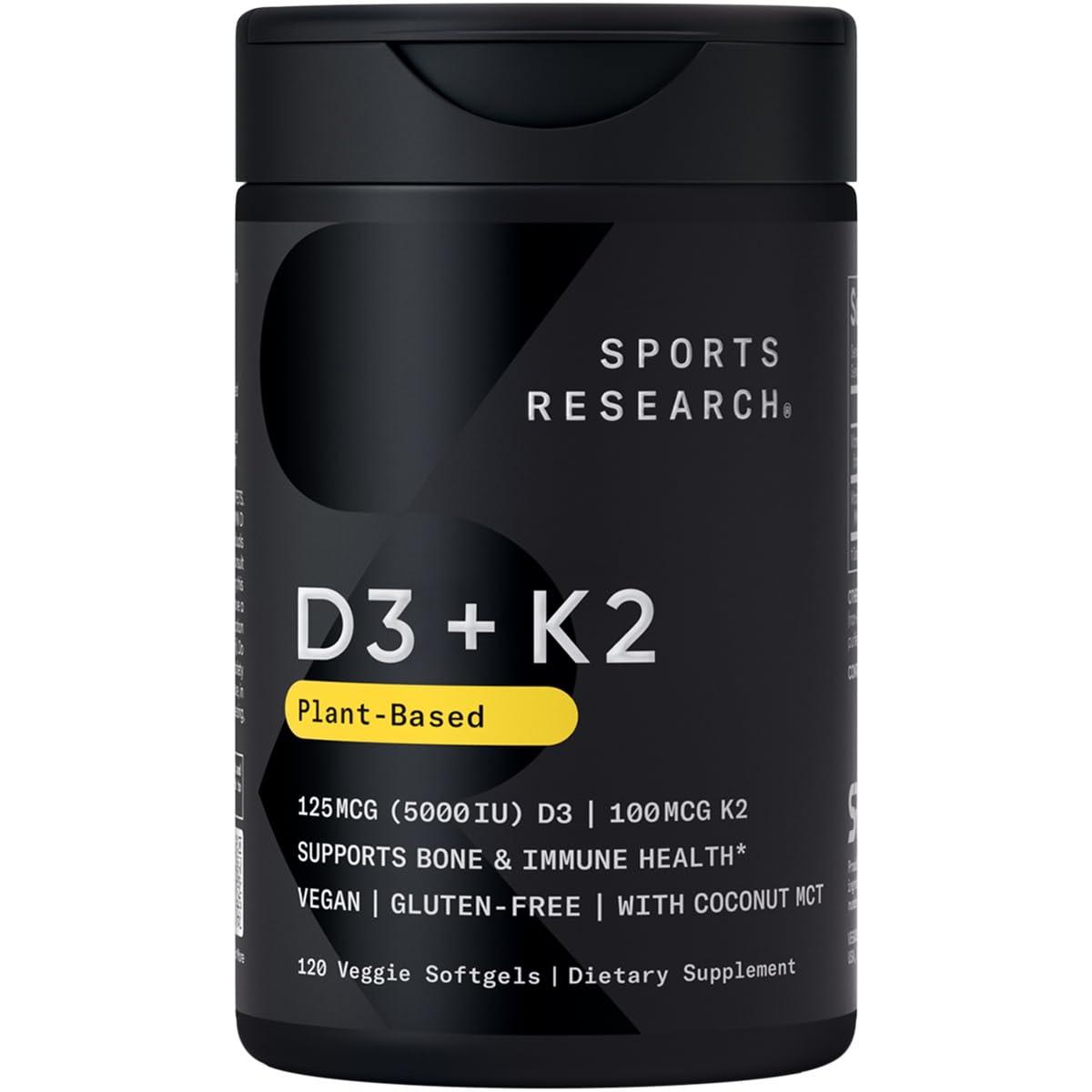 Sports Research® Vitamin D3 + K2 with Coconut MCT Oil | Vegan D3 5000 IU with K2 100 mcg for Bone & Immune Health | Vegan Certified, Soy & Gluten Free - 120 Softgels