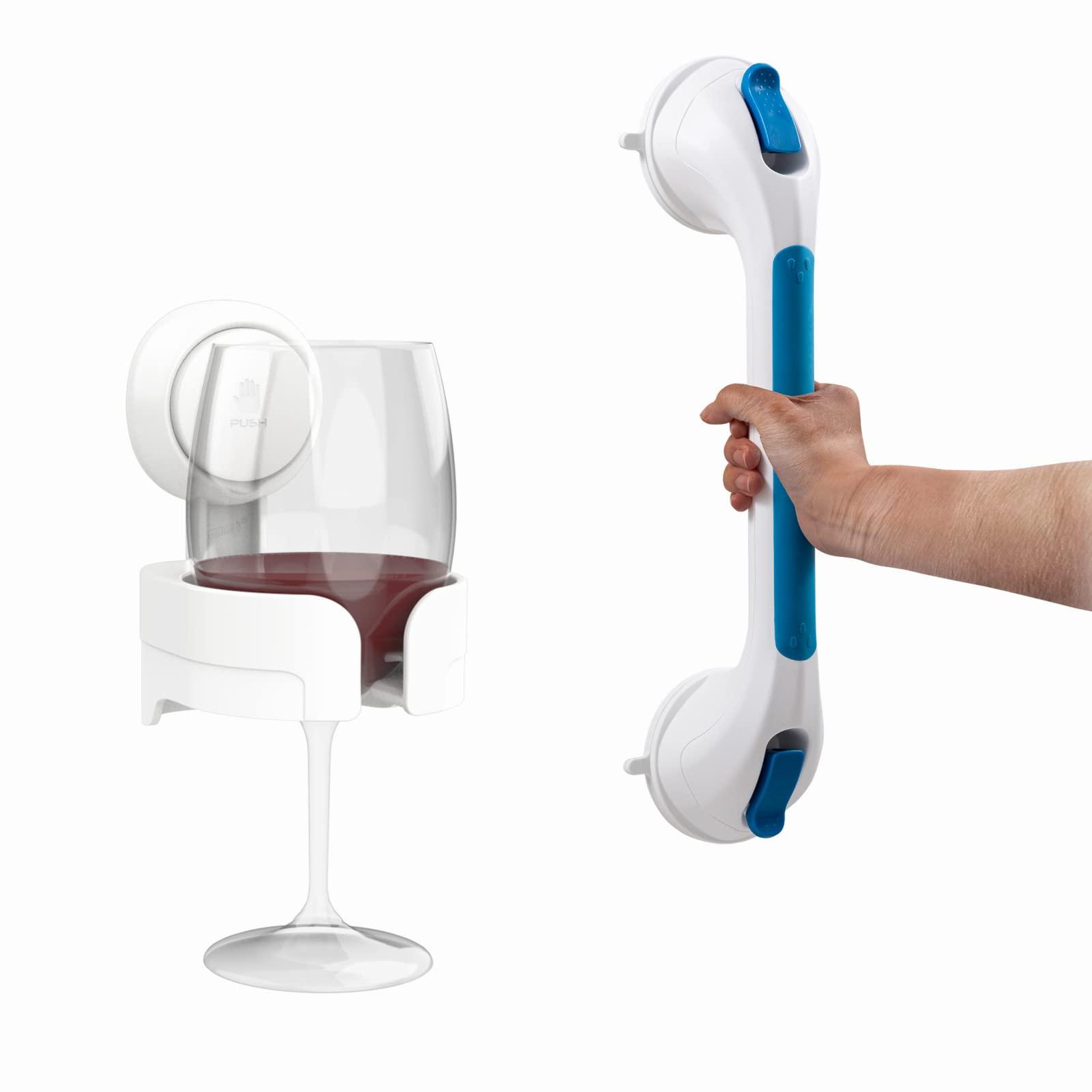 TAILI Shower Grab Bar with Wine Glass Holder for Shower, Suction Cup Grab Bars for Bathtubs and Showers Removable Heavy Duty Shower Grab Bars for Seniors and Elderly, Strong Hold Suction No Drilling