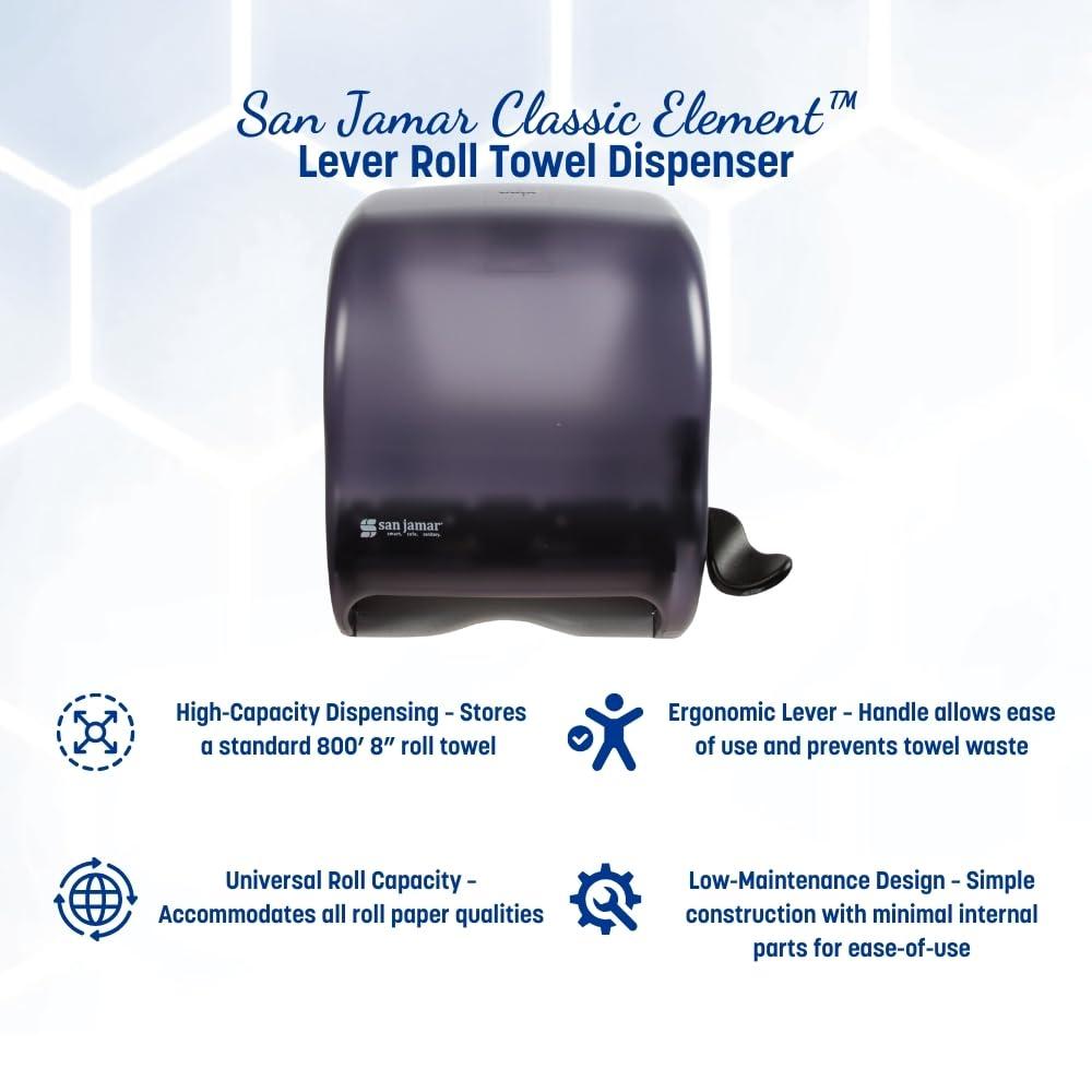San Jamar Classic Element Paper Towel Dispenser Wall-Mounted Commercial Roll Dispenser, Fits All Core Sizes with Lever for Bathroom, Kitchens, and Restaurants, Plastic, Universal Paper, Black Pearl - Image 4