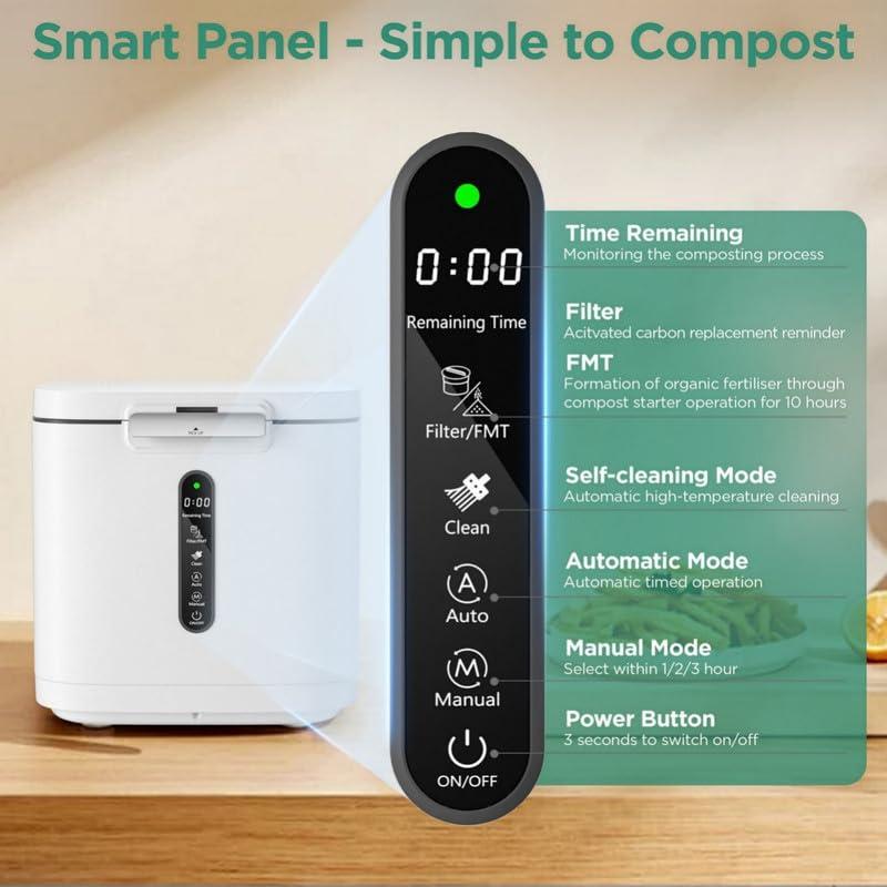 4L Electric Composter for Kitchen, Smart Compost Bin Outdoor/Indoor, Odorless/Auto-Cleaning/ 3 Modes/Intelligent LED Display, Turn Food Waste to Fertilizer for Garden, Food Waste Compost Machine - Image 5