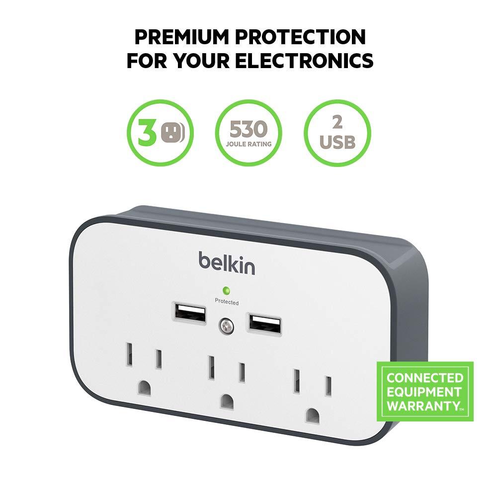 Belkin Wall Surge Protector - 3 Outlet w/ 2 USB Ports Mount with Premium Protection Against Surges Safe Charge for Mobile Devices, Tablets & More (540 Joules) - Image 3