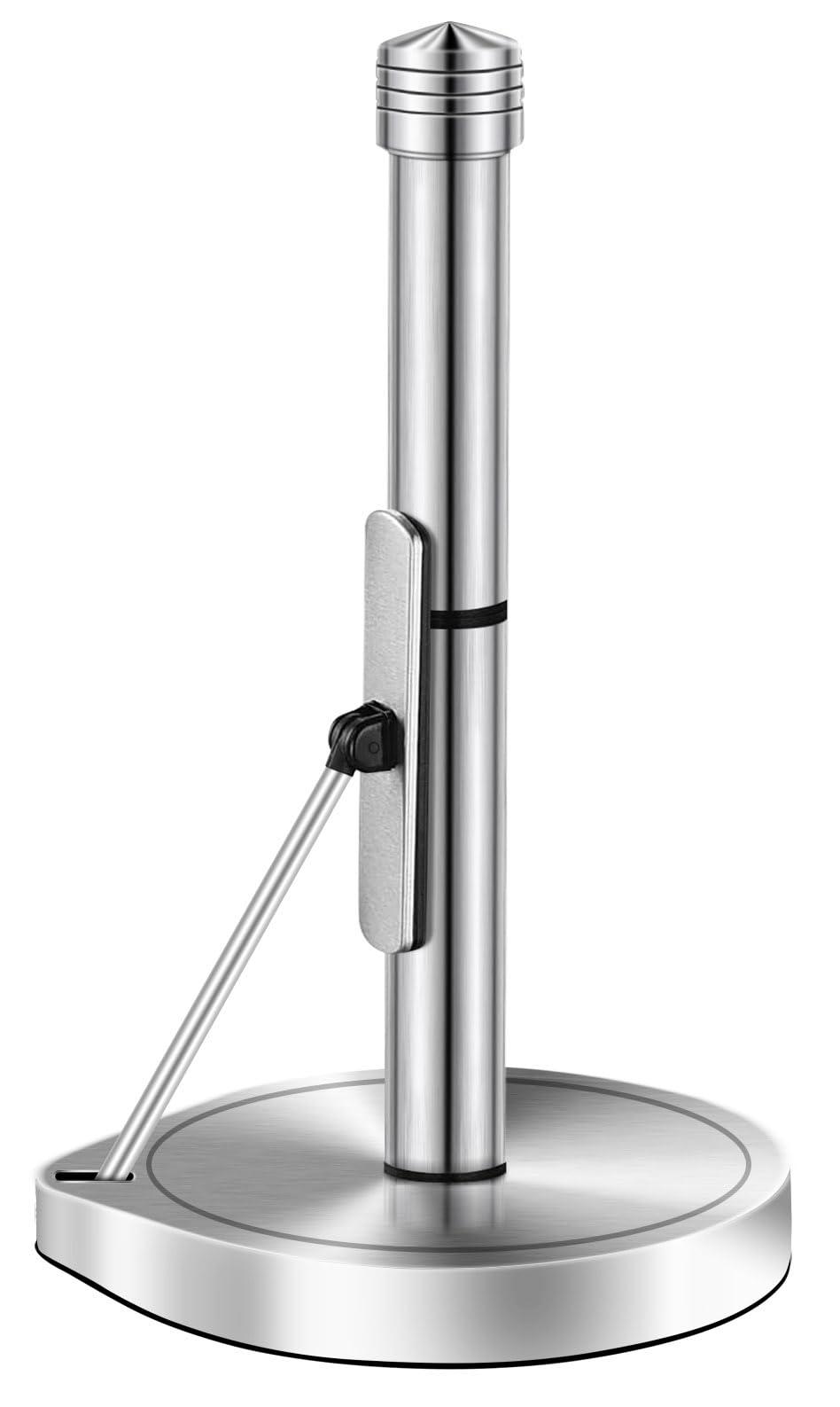 AIDEA Paper Towel Holder Countertop, One-Handed Operation Paper Towel Holder Stand for Kitchen and Bathroom, Spring Arm for Easy Tear, Stainless Steel Paper Towel Dispenser with Weighted Base, Silver