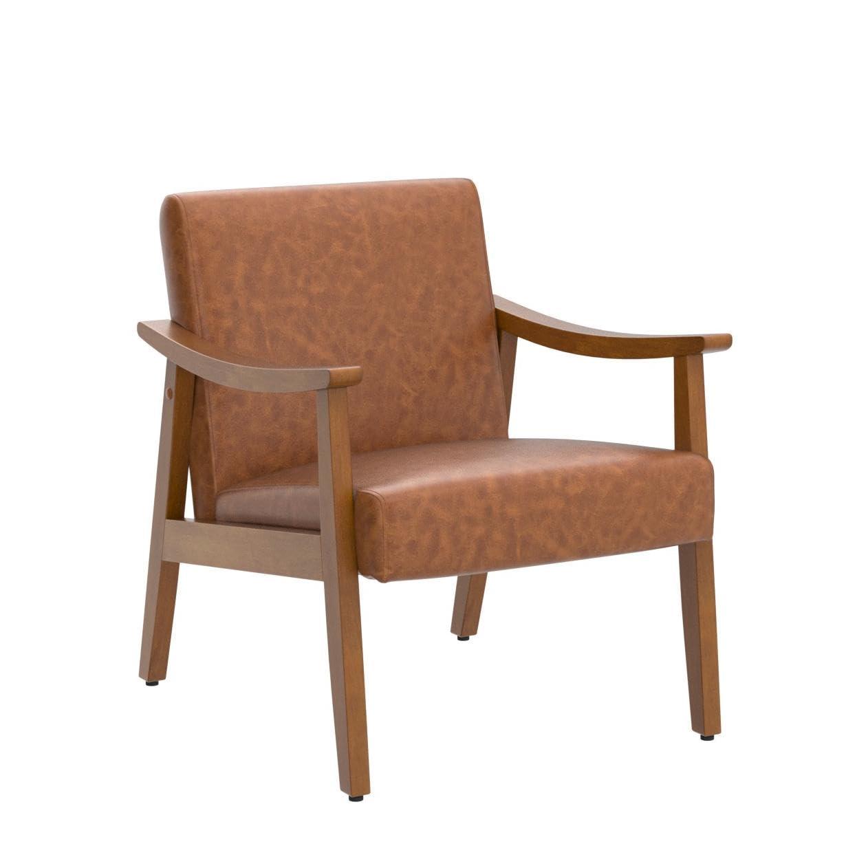 Yaheetech PU Leather Accent Chair, Mid-Century Modern Armchair with Solid Wood Legs, Reading Leisure Chair for Living Room Bedroom Waiting Room, Light Brown, Set of 2 - Image 5