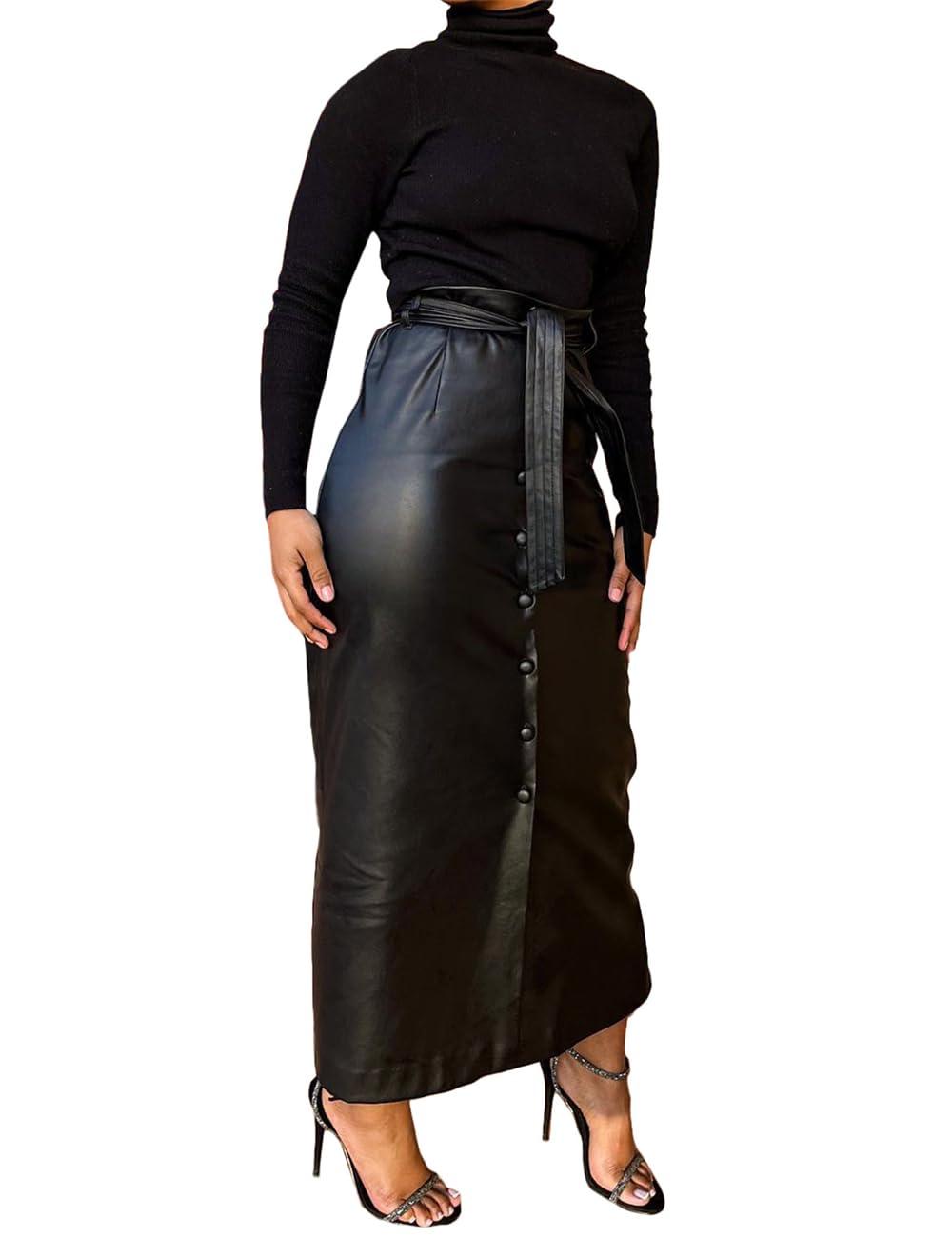 Shiyinvie Women Button Down Front Slit Faux PU Leather Maxi Long Skirt with Belt - Image 2