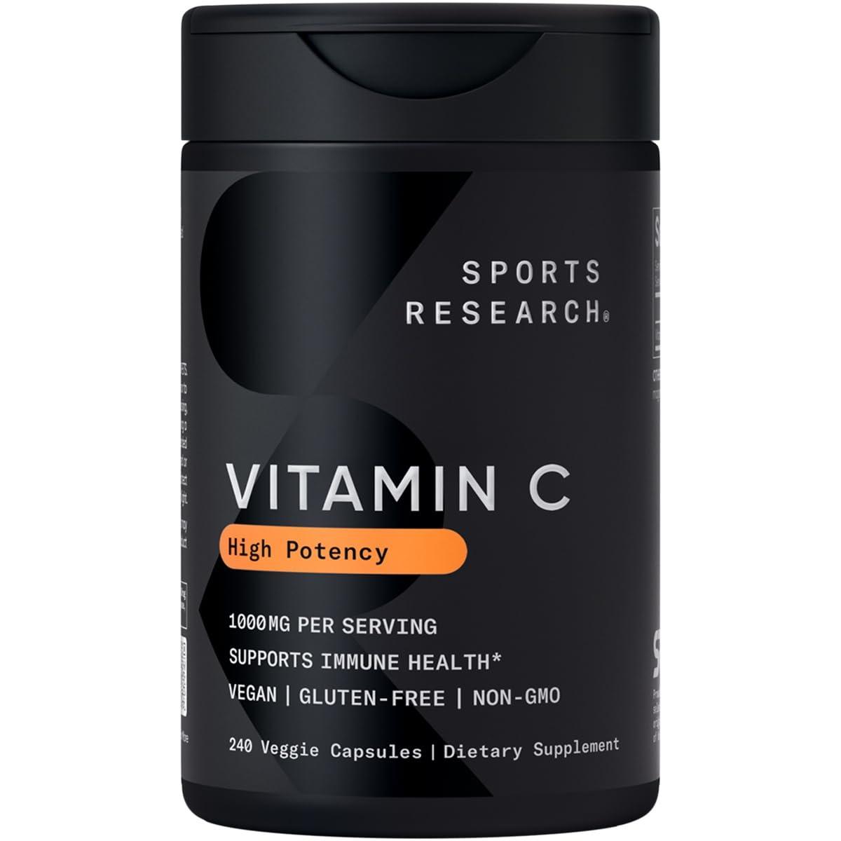 Sports Research Vitamin C 1000mg - Non-GMO Project Verified Ascorbic Acid Vitamin C Supplement for Immune Support & Antioxidant Protection | Vegan Friendly, 8 Month Supply (240 Count)