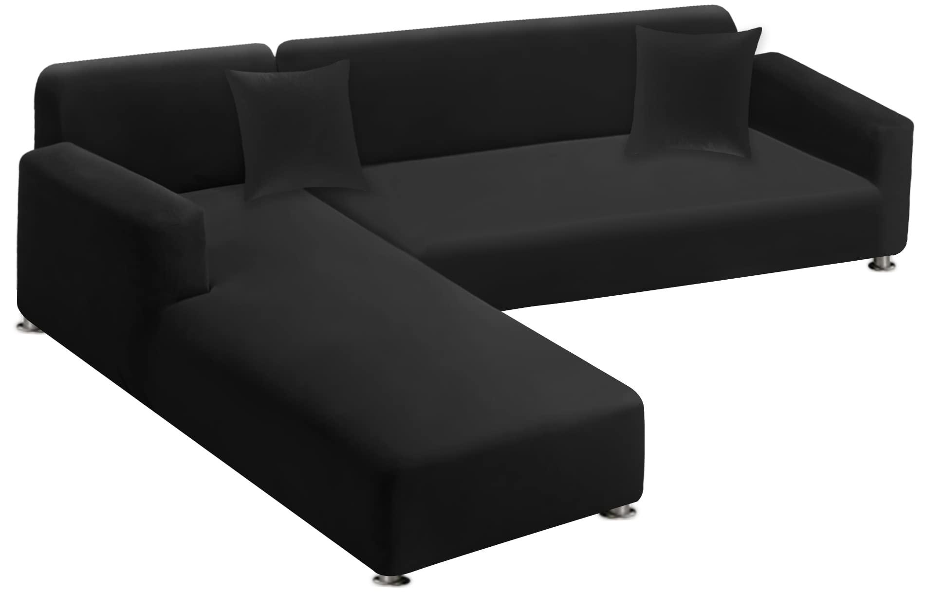 LA MEACK Sectional Couch Covers 2-Piece Softness L Shaped Sofa Cover Super Stretch L-Type Couch Slipcover with 2Pcs Pillowcases Sofa Slipcover 3 Seater + 3 Seater Furniture Protector (Black)