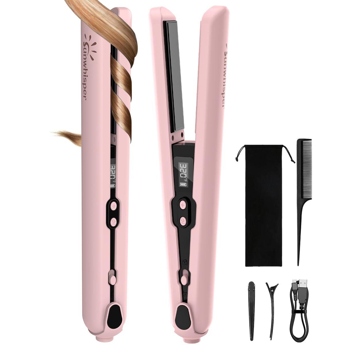 9600mAh Cordless Flat Iron Hair Straightener Rechargeable, Cordless Hair Straighteners for Women, Wireless Straightener for Car, 20 Million Negative Ions, LCD, 6 Adjustable Temp(Pink)