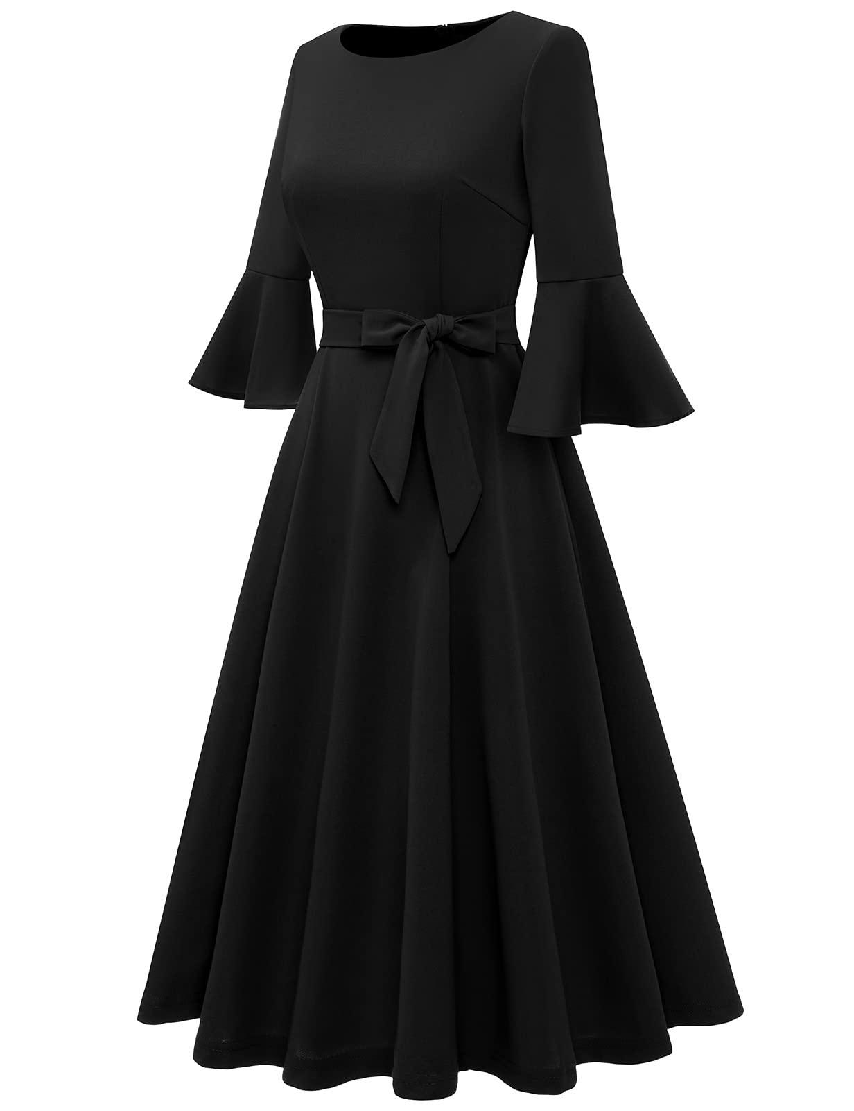 HomRain Women's Church Dresses for 2025 Wedding Guest Cocktail Tea Party Bell Sleeve Vintage Evening Graduation Dress - Image 6