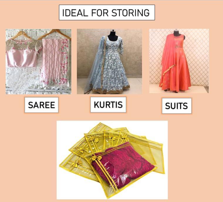 10 piece transparent single Saree/Suit Packing Sari Cover/Bag Organizer with zip for Wardrobe Storage and wedding gifting,dress covers (Golden, Pack of 10) - Image 5