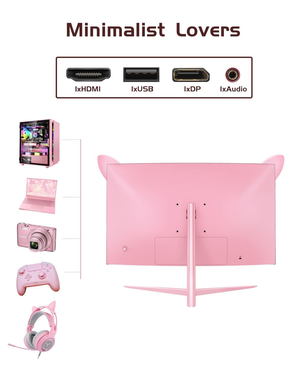 FYHXele FY27QHP Pink Monitor 27 Inch Curved Gaming 165Hz - Support 144Hz 1800R 1ms QHD 2560 x 1440P VA Screen, Built-in Speakers, AMD Free-Sync, HDMI, DP, USB, AUX, Tilt Adjustable - Image 6