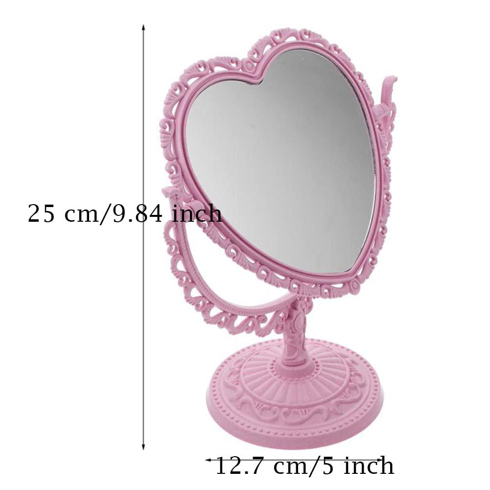 AKOAK 1 Pack Simple and Lovely Heart-Shaped Cosmetic Mirror Plastic Double-Sided Rotatable Dresser Mirror Lightweight Portable Bathroom Bedroom Mirror （Four-Color）(Pink) - Image 3