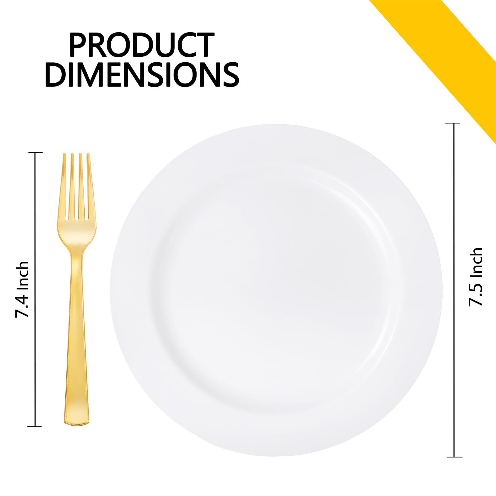 WELLIFE 100PCS White Plastic Dessert Plates and 100PCS Gold Disposable Forks, Premium Hard Dessert Plate 7.5”, Appetizer Plastic Plates for Party and Wedding - Image 3