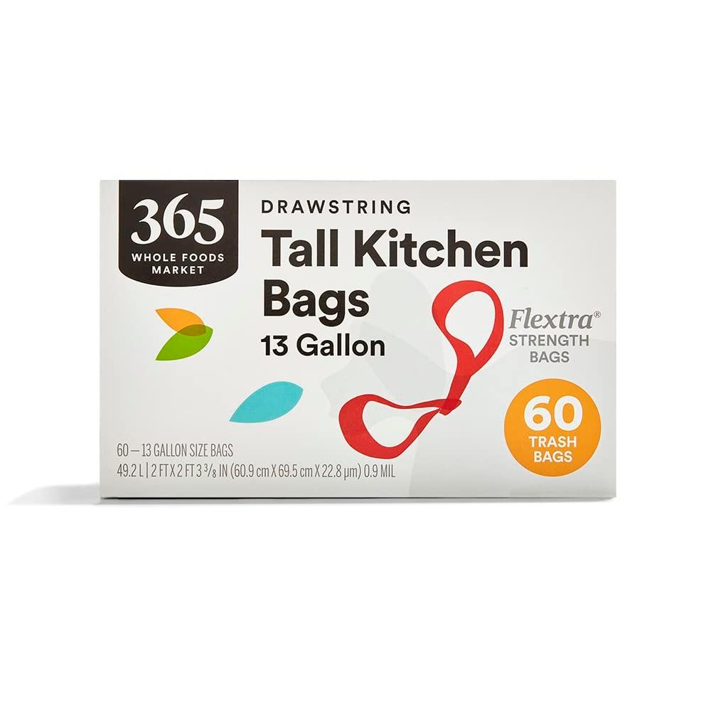 365 by Whole Foods Market, Flextra Strength Drawstring Tall Kitchen Trash Bags, 13 Gallon, 60 Count