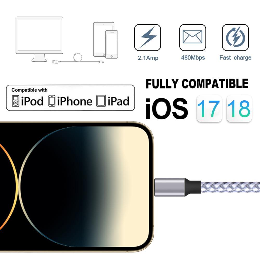 TAKAGI for iPhone Charger, [MFi Certified] Lightning Cable 3PACK 6FT Nylon Braided USB Charging Cable High Speed Transfer Cord Compatible with iPhone 14/13/12/11 Pro Max/XS MAX/XR/XS/X/8/iPad - Image 5