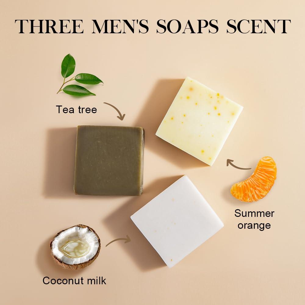 SKIRIFINE Natural Bar Soap for Men - 5oz x 3 Bars Variety Pack, Men's Bar Soap Made from Natural Oils, Acne Relief & Skin Cleansing - Australian Tea Tree, Summer Orange, Coconut Milk - Image 2