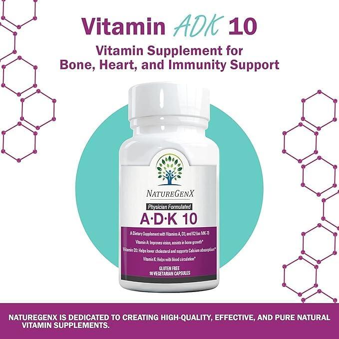 NatureGenX ADK10 – ADK Vitamin Supplement | High Potency Vitamins A, D3 (10,000 IU) & K2 MK-7 for Bone, Heart & Immune Health | 90 Tiny Capsules | 3 Month Supply | Non-GMO, Gluten Free - Image 2