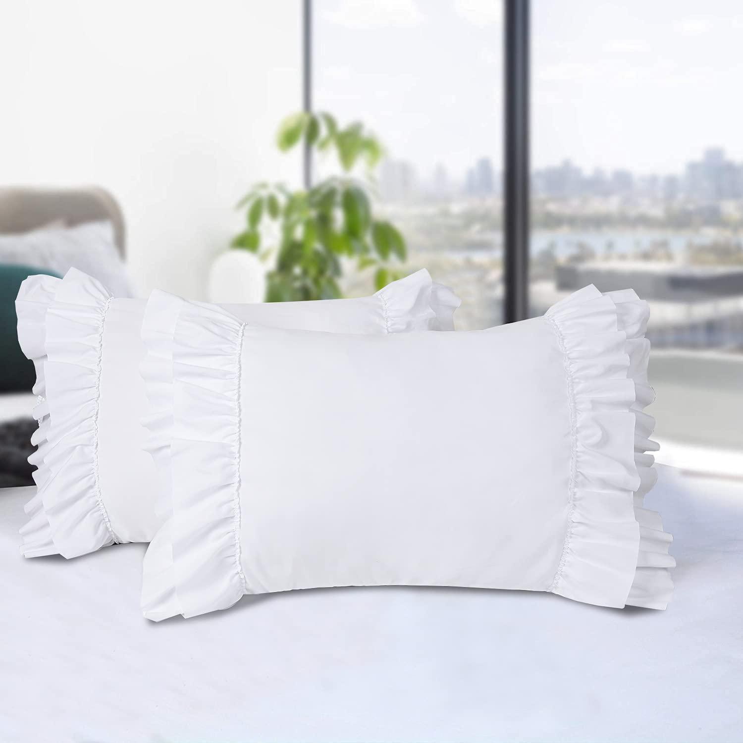 HIG Pack of 2 Farmhouse Ruffle Pillow Shams, Standard Size White French Country Style Vintage Pillowcases with Handcraft Ruffle, Boho Frilly Pillow Shams for Bedroom, Microfiber, 20" X 26" (Emory)