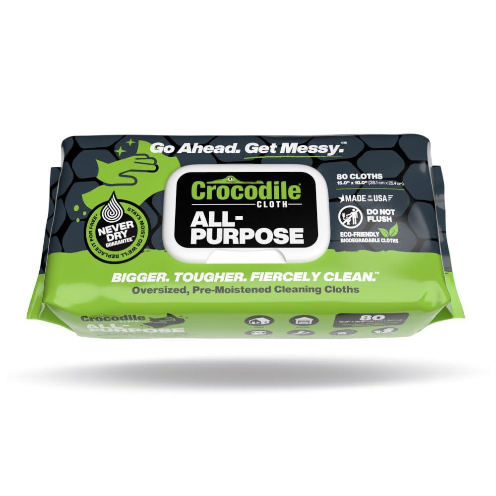 Crocodile Cloth All-Purpose - 80 Plant Based, 10" X 15" Cleaning Wipes. Large, Moist, Absorbent and Disposable Cleaning Cloths. Safe on Skin and Multiple Surfaces.