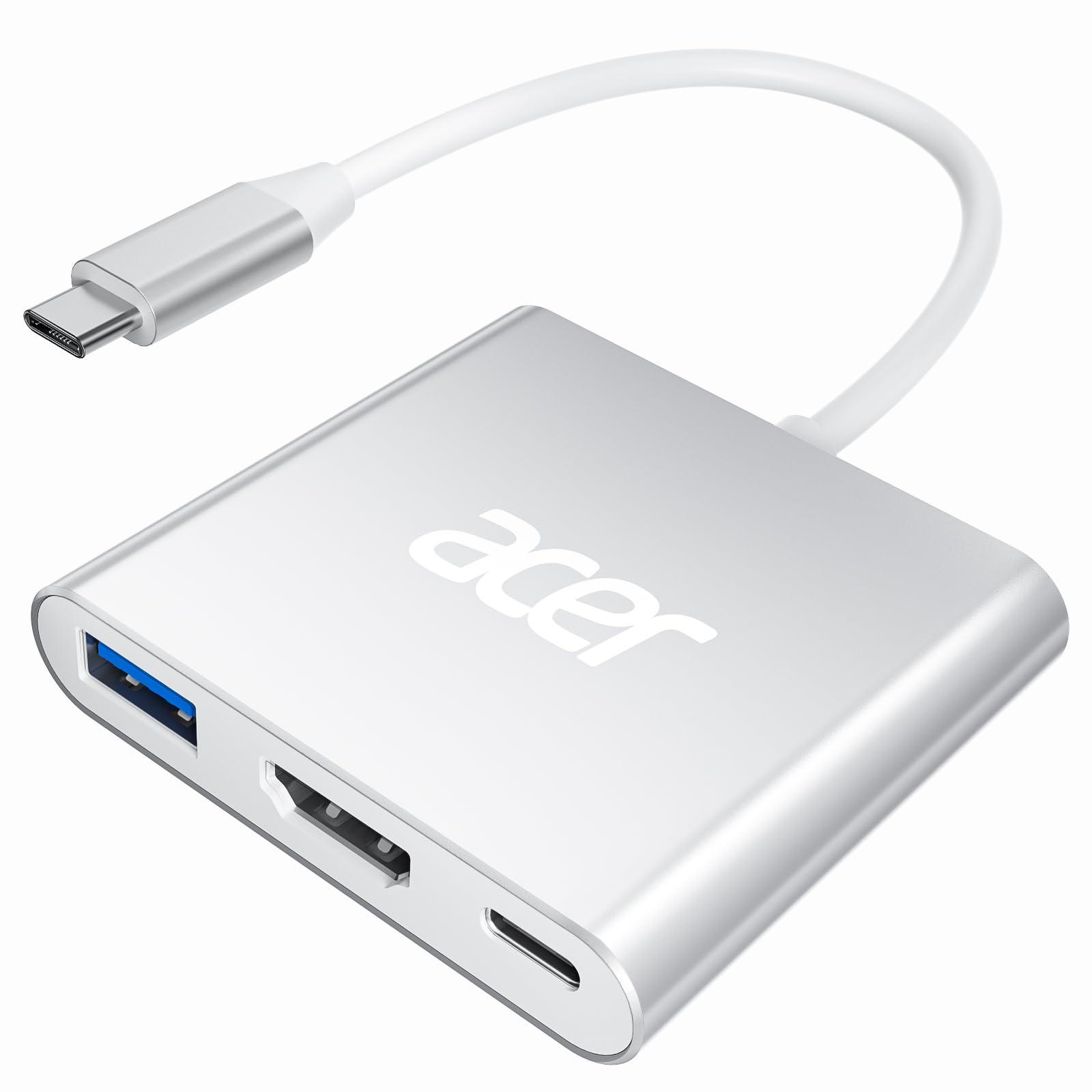 Acer USB C to HDMI Adapter, 4K USB C Hub with 100W PD, USBA 3.0 Port, HDMI to USBC Multiport Digital AV Converter for MacBook Pro/Air, iPad, Tablets, Switch, TV, Monitor and More (Silver)