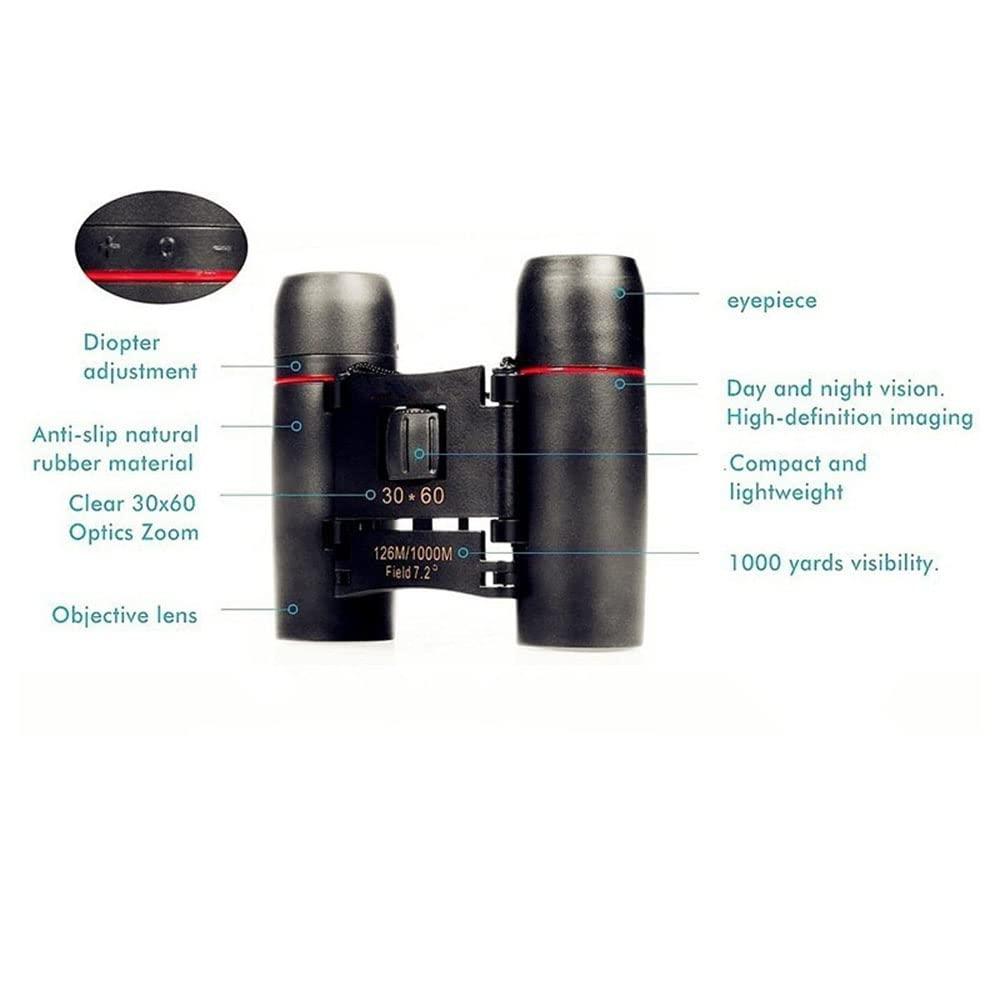 30x60 Portable Mini Binoculars, Wide View Angle Folding Binoculars Telescope with Low Light Night Vision for Outdoor Bird Watching Camping Hiking Traveling - Image 3